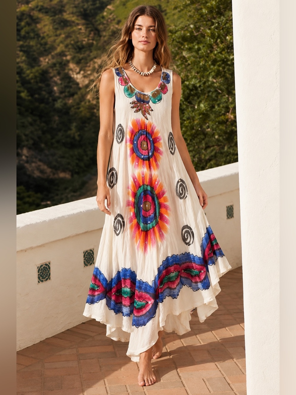 Ocean Breeze Boho Hand painted Multicolor Sunburst Maxi Dress - White NWOT